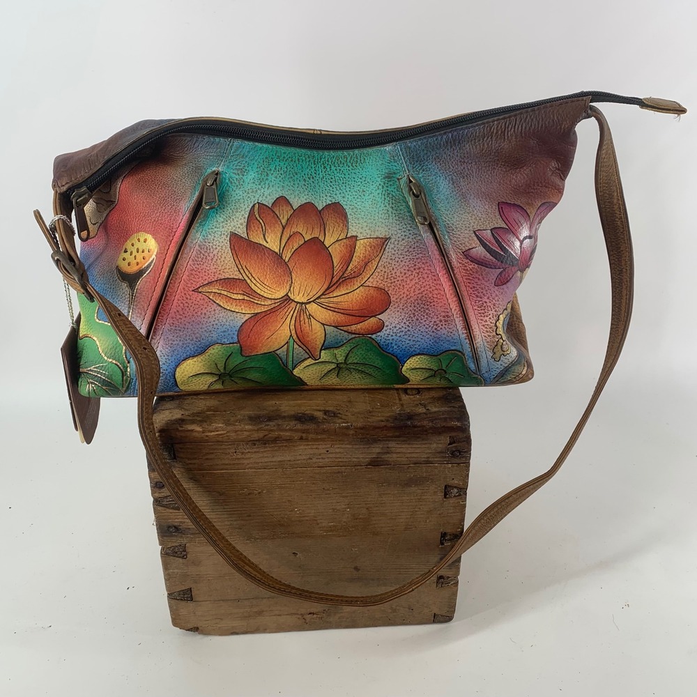 Anuschka Hand Painted Leather Lotus Flower Shoulder Bag Multi-Color Floral Pouch